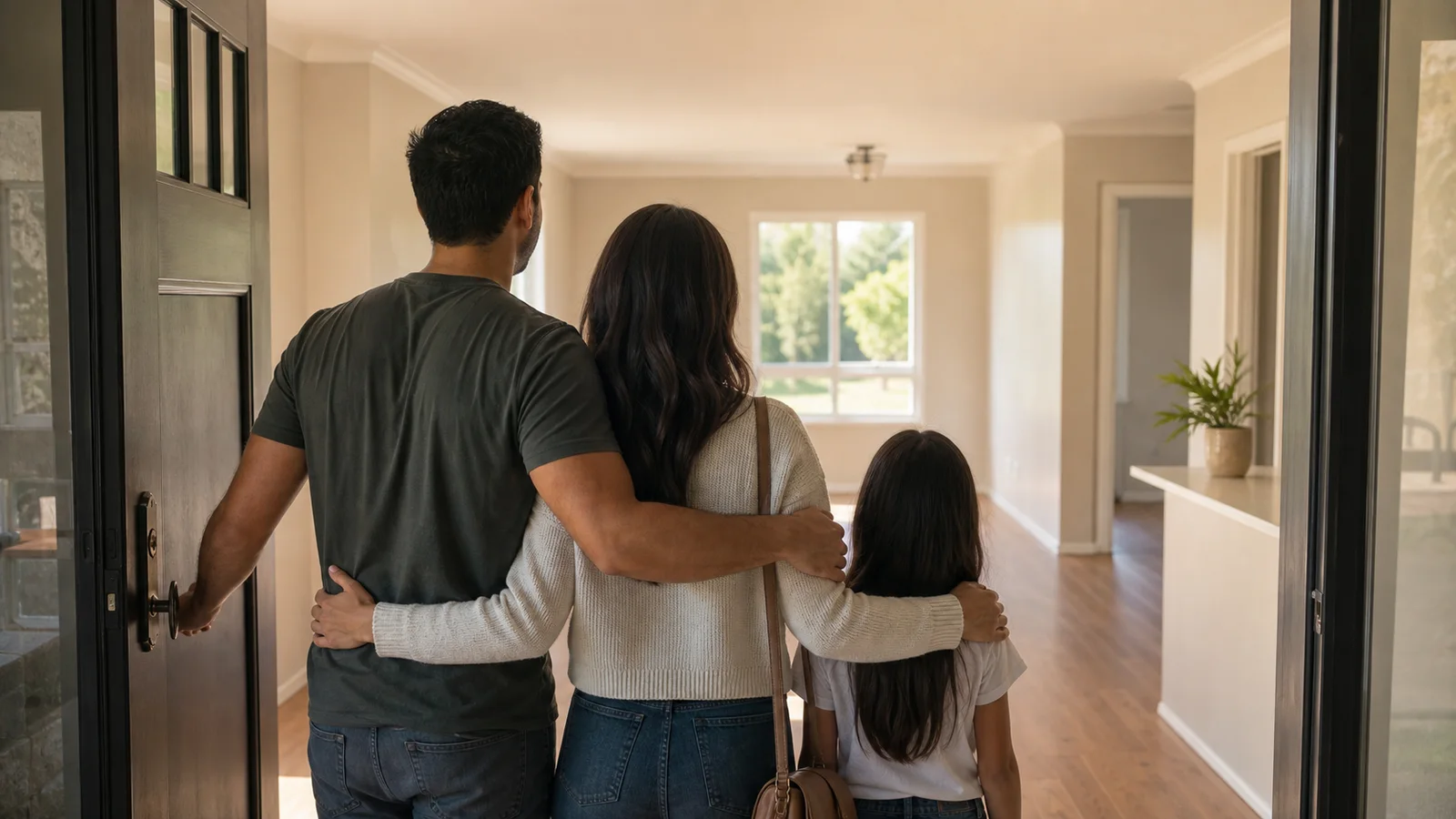 A family opening the door and looking into their new home
